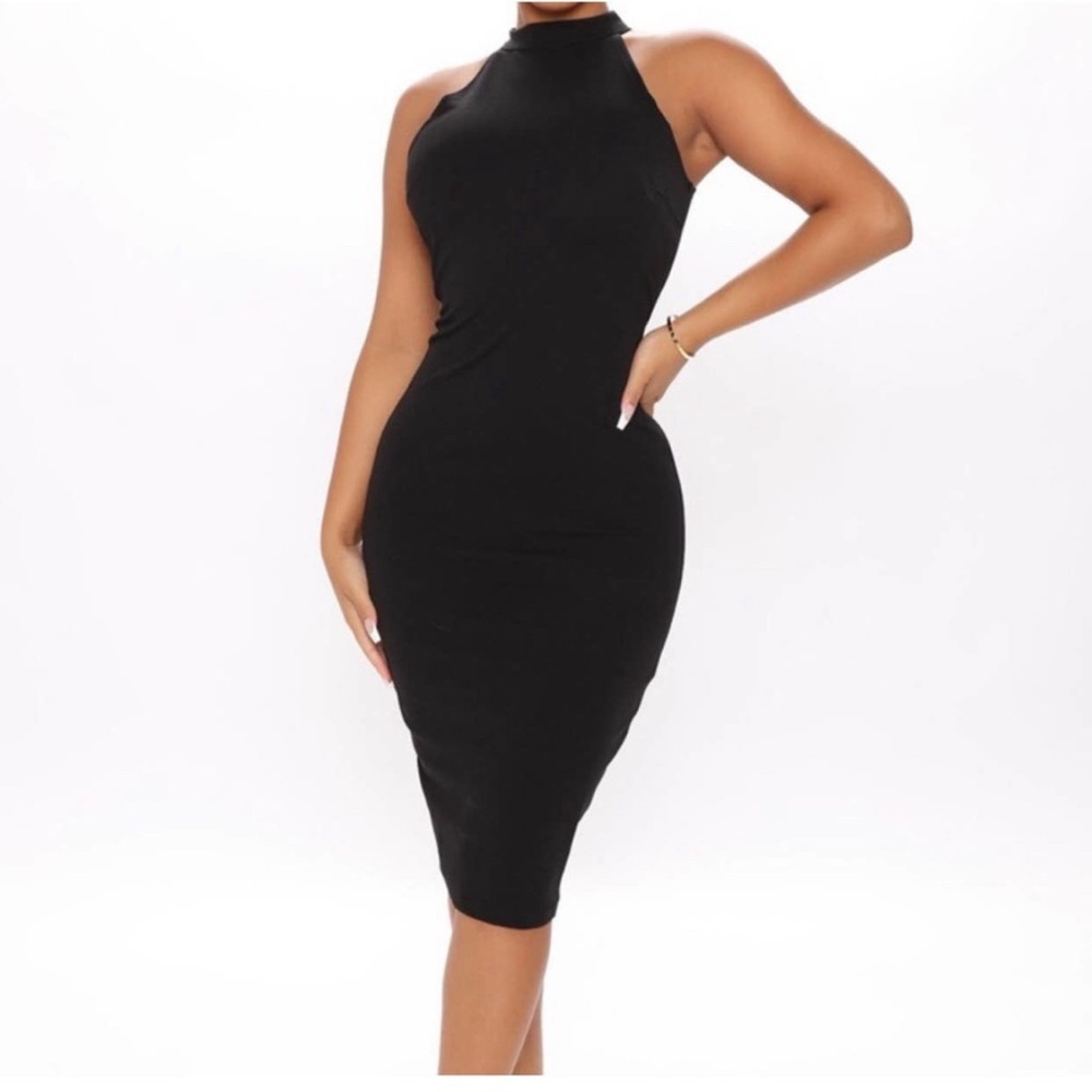 High neck black halter midi dress
